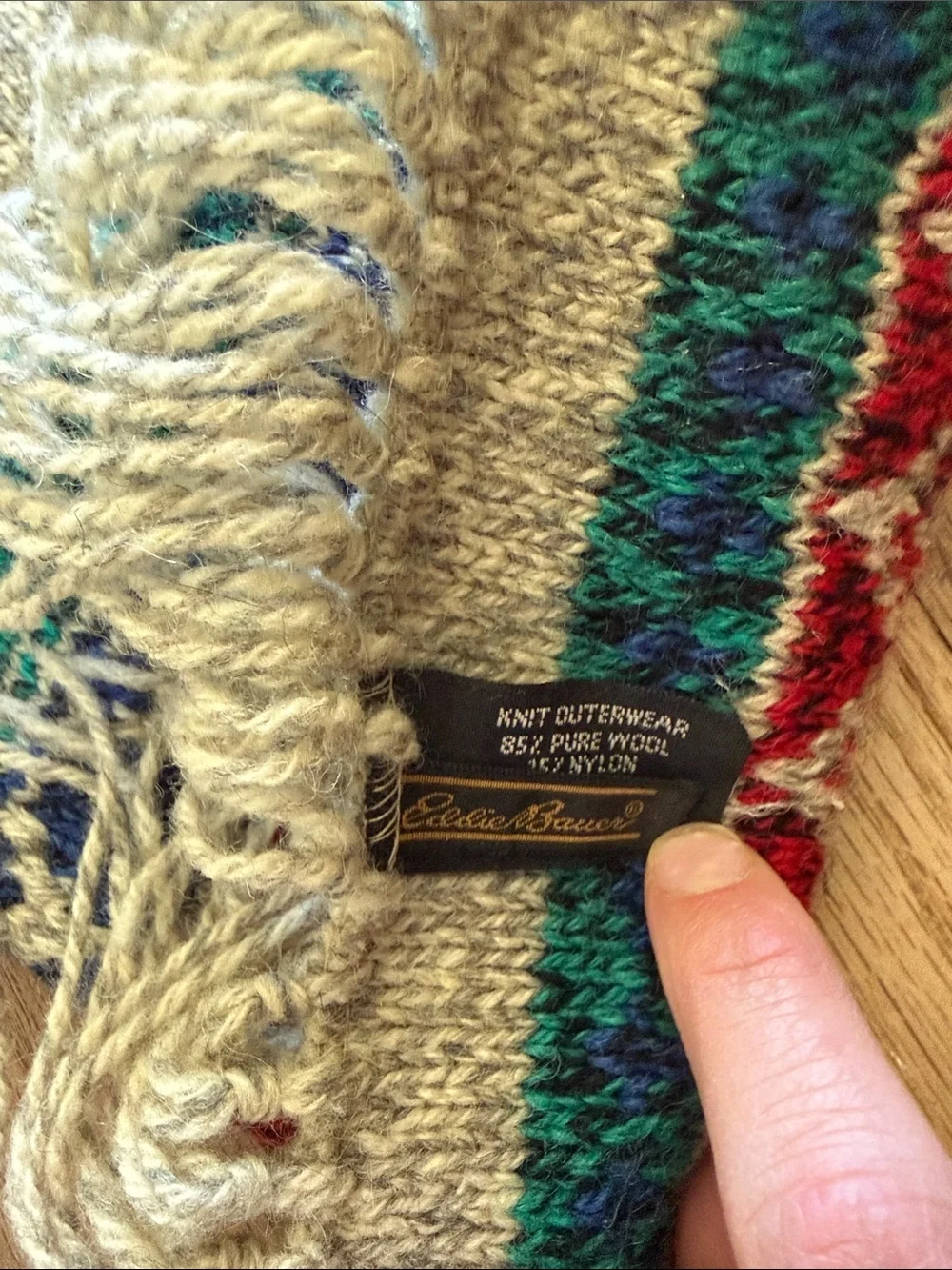 Eddie Bauer Wool Fair Isle Knit Fringe Scarf in Cream, Red, Green, Blue